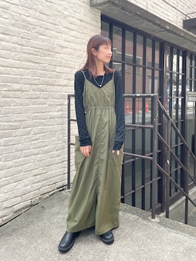 「Kastane（カスタネ）の【サイズ展開あり】ミリタリーナイロンジャンスカ（ワンピース、グリーン系）」を使った、asai hikariさん（レディース・157cm）の夏コーディネート