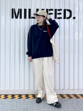 「MILKFED.（ミルクフェド）のMESSAGE EMBROIDERY CAP（キャップ）」を使った、oritoさん（レディース・155cm）の秋コーディネート