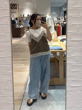 「LEPSIM（レプシィム）のスムースベーシックT2　639421（Tシャツ/カットソー、ホワイト系）」を使った、みおりんご🍎さん（レディース・148cm）の夏コーディネート