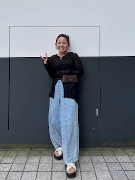「BAYFLOW（ベイフロー）の[単品使い可]2Pカットレースカーディガン（Tシャツ/カットソー、ブラック系）」を使った、みおりんご🍎さん（レディース・148cm）の夏コーディネート