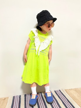 「BIG FIELD（ビッグフィールド）のアイテム（ワンピース/ドレス）」を使った、まゆげちゃんさん（キッズ・90cm）の夏コーディネート
