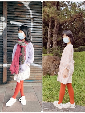 「アイテム（レギンス/スパッツ、レッド系）」を使った、ZZReyさん（キッズ・125cm）の冬コーディネート