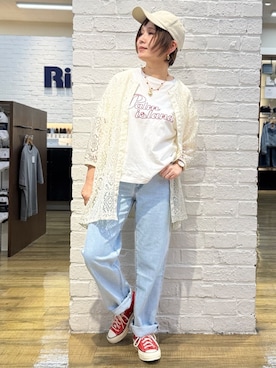 「Champion（チャンピオン）のChampion(チャンピオン)【レディース】チェーン刺繍ロゴTシャツ（Tシャツ/カットソー、ホワイト系）」を使った、まーちゃん（m@）さん（レディース・155cm）の春コーディネート