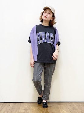 「センタープレスパンツ」｜「アイテム（キャップ）」を使った、m@さん（レディース・155cm）の春コーディネート