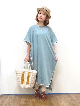 「むぎわら帽子」｜「アイテム（シャツワンピース）」を使った、m@さん（レディース・155cm）の夏コーディネート