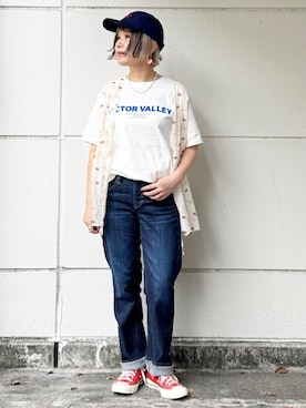 「Right-on（ライトオン）のHONEYSUCKLE ROSE(ハニーサックルローズ)アソートグラフィックＴシャツ（Tシャツ/カットソー、ホワイト系）」を使った、まーちゃん（m@）さん（レディース・155cm）の春コーディネート