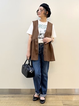 「SOMETHING（サムシング）の【SOMETHING】サマーストレートパンツ (COOL DENIM / 吸汗速乾 / 接触冷感 / ウォッシュ加工)（デニムパンツ、ブルー系）」を使った、まーちゃん（m@）さん（レディース・155cm）の夏コーディネート
