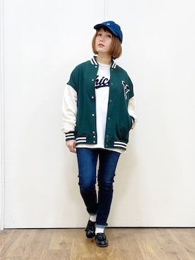 「BACK NUMBER（バックナンバー）のアイテム（スタジャン）」を使った、m@さん（レディース・155cm）の冬コーディネート