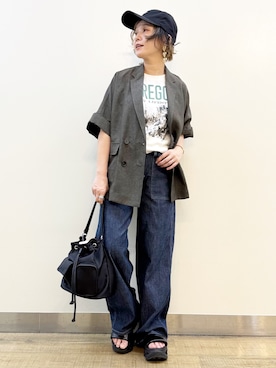 「Right-on（ライトオン）の【HONEYSUCKLE ROSE】アソートグラフィックＴシャツ (半袖カットソー / プリントロゴ / クルーネック / ラウンドヘム / ゆったり / 体型カバー)（Tシャツ/カットソー、ホワイト系）」を使った、まーちゃん（m@）さん（レディース・155cm）の夏コーディネート