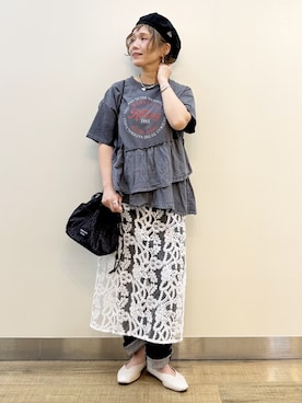 「Right-on（ライトオン）の【HONEYSUCKLE ROSE】ピグメント加工切替ロゴＴ（Tシャツ/カットソー、グレー系）」を使った、まーちゃん（m@）さん（レディース・155cm）の春コーディネート