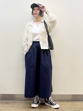 「Right-on（ライトオン）のHONEYSUCKLE ROSE(ハニーサックルローズ)レース編みニットポロカーディガン（カーディガン/ボレロ、ホワイト系）」を使った、まーちゃん（m@）さん（レディース・155cm）の春コーディネート