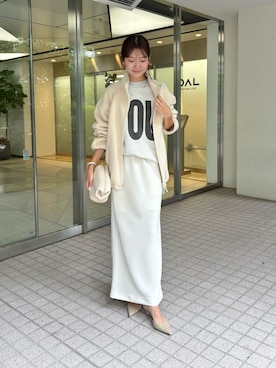 「Whim Gazette（ウィムガゼット）のスムースIラインスカート（スカート、ベージュ系）」を使った、wgmasagoさん（レディース・166cm）の秋コーディネート