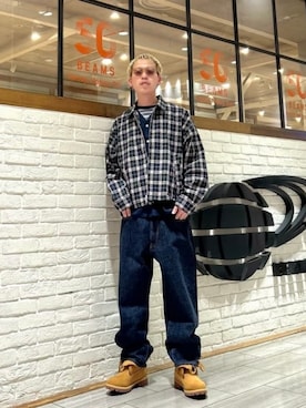 「BEAMS（ビームス）のチェック ジップ ブルゾン（ブルゾン、ブルー系）」を使った、BEAMSさん（メンズ・170cm）の春コーディネート