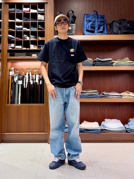 「BEAMS（ビームス）のヘビーウエイト ロゴワッペン Tシャツ【ベーシックフィット】（Tシャツ/カットソー、ブラック系）」を使った、BEAMSさん（メンズ・173cm）の夏コーディネート