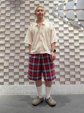「BEAMS（ビームス）のショート メッシュ オープンカラーシャツ【ワイドショートフィット】（シャツ/ブラウス、ホワイト系）」を使った、BEAMSさん（メンズ・170cm）の春コーディネート