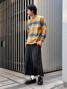 「BEAMS（ビームス）の【ワイドフィット】マルチボーダー クルーネック スウェット（Tシャツ/カットソー、ブラウン系）」を使った、BEAMSさん（メンズ・170cm）の春コーディネート