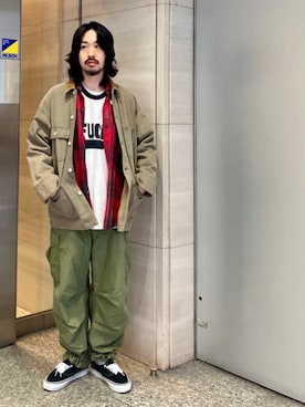 「BEAMS（ビームス）のフェード デニム ルーズ カバーオールジャケット（ブルゾン、ベージュ系）」を使った、BEAMSさん（メンズ・170cm）の春コーディネート