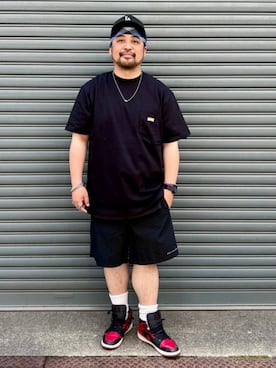 「BEAMS（ビームス）のヘビーウエイト ロゴワッペン Tシャツ【ベーシックフィット】（Tシャツ/カットソー、ブラック系）」を使った、BEAMSさん（メンズ・173cm）の夏コーディネート