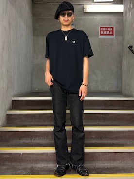「BEAMS（ビームス）の【別注】FRED PERRY /  ロゴ Tシャツ（Tシャツ/カットソー、ブラック系）」を使った、BEAMSさん（メンズ・173cm）の夏コーディネート