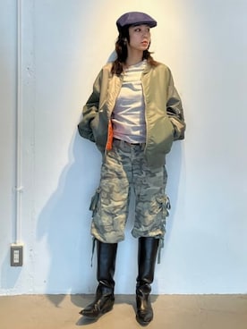 「BEAMS（ビームス）の【ワイドフィット】クレイジー MA-1（ブルゾン、グリーン系）」を使った、BEAMSさん（レディース・159cm）の春コーディネート