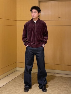「BEAMS（ビームス）のベロア ボーダー ポロシャツ（ポロシャツ、レッド系）」を使った、BEAMSさん（メンズ・172cm）の秋コーディネート