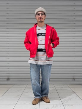 「BEAMS（ビームス）の【ワイドフィット】マルチボーダー クルーネック スウェット（Tシャツ/カットソー、グレー系）」を使った、BEAMSさん（メンズ・170cm）の春コーディネート