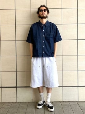 「BEAMS（ビームス）のダブルニー スウェット ショーツ（スウェットパンツ、グレー系）」を使った、BEAMSさん（メンズ・173cm）の夏コーディネート