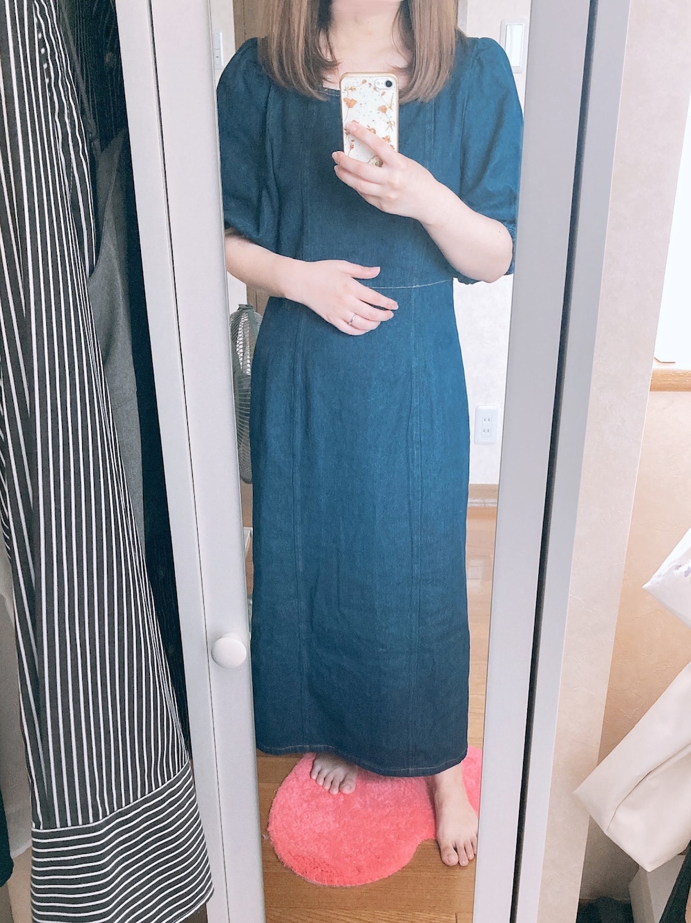 春夏コーデ❤️レディース　デニム　ロング丈ワンピース　スクエアネック スクエアネックデニムワンピース（青）春/夏 レトロで上品なデザイン