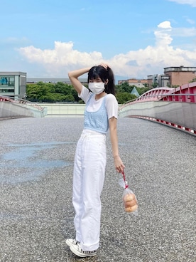 「アイテム（チューブトップ、ブルー系）」を使った、chih90さん（レディース・158cm）の夏コーディネート