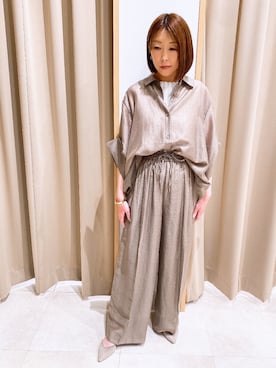 「NICOLE white（ニコルホワイト）の【セットアップ対応】半袖シアーシャツ（シャツ/ブラウス、ブラウン系）」を使った、NICOLE whiteさん（レディース・162cm）の春コーディネート