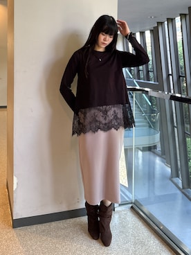 「NICOLE white（ニコルホワイト）の裾レースロンTEE（その他トップス、ブラック系）」を使った、NICOLE whiteさん（レディース・167cm）の秋コーディネート
