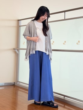 「NICOLE white（ニコルホワイト）の異素材使いプリントTシャツ（Tシャツ/カットソー、ホワイト系）」を使った、NICOLE whiteさん（レディース・157cm）の夏コーディネート