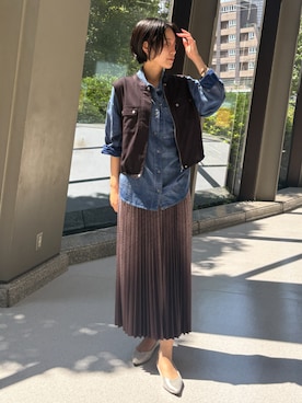 「NICOLE white（ニコルホワイト）の【セットアップ対応】ミリタリー風ジレ（ベスト、ブラウン系）」を使った、NICOLE whiteさん（レディース・152cm）の夏コーディネート