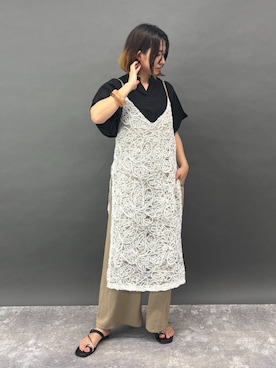 「NICOLE white（ニコルホワイト）のコードレースレイヤードサロペット（サロペット/オーバーオール、ホワイト系）」を使った、NICOLE whiteさん（レディース・157cm）の夏コーディネート