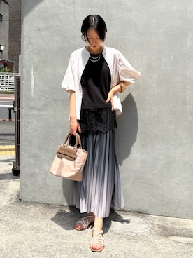 「NICOLE white（ニコルホワイト）の【セットアップ対応】バルーン袖ブラウス（シャツ/ブラウス、グレー系）」を使った、NICOLE whiteさん（レディース・152cm）の夏コーディネート