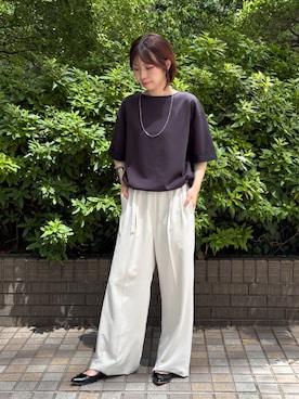 「NICOLE white（ニコルホワイト）の【セットアップ対応】ベルト付きタックパンツ（その他パンツ、ホワイト系）」を使った、NICOLE whiteさん（レディース・152cm）の夏コーディネート