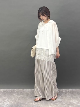 「NICOLE white（ニコルホワイト）の【セットアップ対応】半袖シアーシャツ（シャツ/ブラウス、ホワイト系）」を使った、NICOLE whiteさん（レディース・157cm）の夏コーディネート