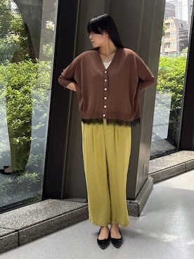 「NICOLE white（ニコルホワイト）のシアーカルゼパンツ（その他パンツ、イエロー系）」を使った、NICOLE whiteさん（レディース・157cm）の夏コーディネート