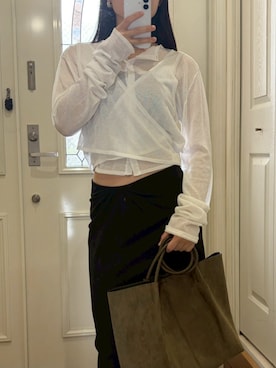 「kiehtova（キエトヴァ）の【kiehtova】LAYERED SHEER CROSS CARDIGAN/レイヤードシアークロスカーディガン（カーディガン/ボレロ、ホワイト系）」を使った、h.o.v_officialさん（レディース・160cm）の夏コーディネート