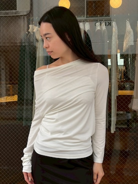 「kiehtova（キエトヴァ）の【kiehtova】VEIL DRAPE TOPS/ヴェール ドレープ トップス（Tシャツ/カットソー、ホワイト系）」を使った、h.o.v_officialさん（レディース・158cm）の春コーディネート