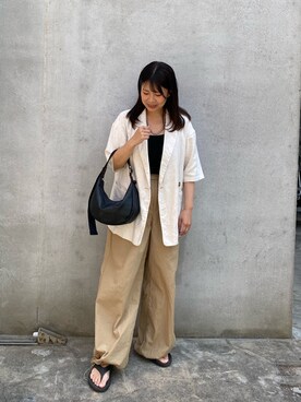 「russet（ラシット）の【お気に入り登録数1万超え】ソフトレザーラウンドショルダーバッグ(CE-1326)（ショルダーバッグ、ブラック系）」を使った、saito4417さん（レディース・152cm）の夏コーディネート