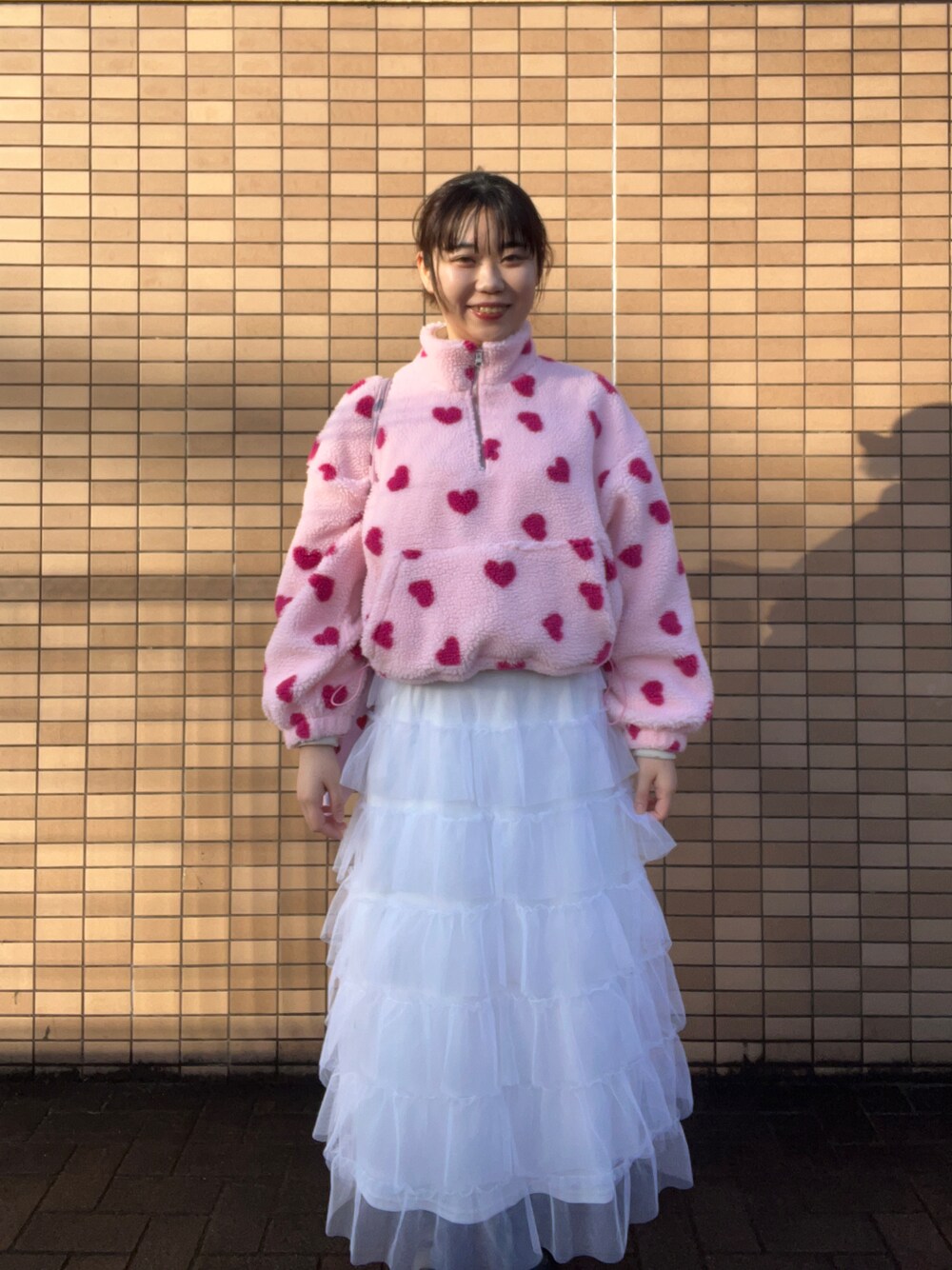 「出勤コーデ、アパレルスタッフ、チュールスカート、トレンド、ootd、LOWRYS FARM、wcloset」｜「w closetのアイテム（ジャケット/アウター、ピンク系）」を使った、暖乃さん（レディース・159cm）の冬コーディネートの1枚目の写真
