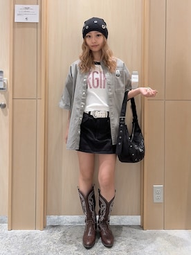 「X-girl（エックスガール）のRHINESTONE VERTICAL LOGO RAGLAN S/S BABY TEE（Tシャツ/カットソー、ホワイト系）」を使った、シものゆいかさん（レディース・145cm）の春コーディネート