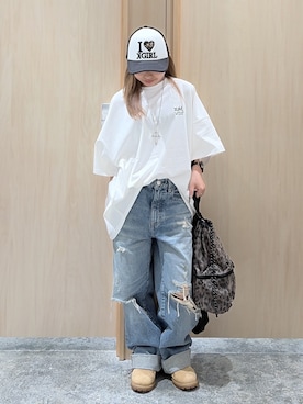 「X-girl（エックスガール）のLEOPARD CIRCLE LOGO AND FACE S/S TEE DRESS（ワンピース、ホワイト系）」を使った、シものゆいかさん（レディース・145cm）の夏コーディネート