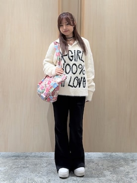 「X-girl（エックスガール）のLOGO JACQUARD SHAGGY SKIPPER KNIT TOP（ニット/セーター、ホワイト系）」を使った、ぽよさん（レディース・145cm）の秋コーディネート