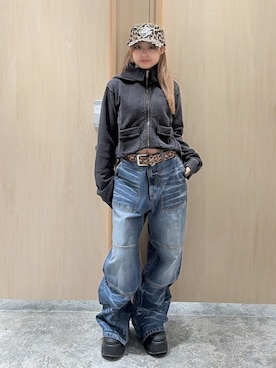 「X-girl（エックスガール）のFADED SWEAT AND RIB ZIP UP COMPACT HOODIE（パーカー、ブラック系）」を使った、ぽよさん（レディース・145cm）の秋コーディネート
