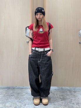 「X-girl（エックスガール）のDEVIL FACE S/S BABY TEE（Tシャツ/カットソー、レッド系）」を使った、シものゆいかさん（レディース・145cm）の夏コーディネート