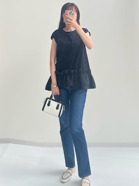 「nissen（ニッセン）の高身長　裾フリルドッキングTシャツ（トールサイズ）fifiean（Tシャツ/カットソー、ブラック系）」を使った、kanaさん（レディース・168cm）の夏コーディネート