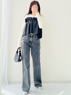 「nissen（ニッセン）の高身長　ラメリブクルーネックプルオーバー（トールサイズ）Essenave（Tシャツ/カットソー、ホワイト系）」を使った、kanaさん（レディース・168cm）の秋コーディネート