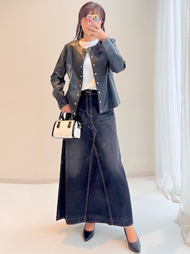 「nissen（ニッセン）の高身長　フェイクレザージャケット（トールサイズ）muguet blanc（ジャケット/アウター、ブラック系）」を使った、kanaさん（レディース・168cm）の夏コーディネート